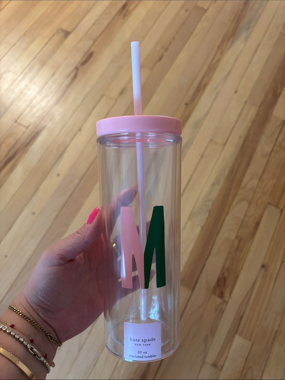 kate spade tumbler with green & pink M initial